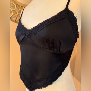 NWOT Black Satin/Lace Cropped Top Ties in Back